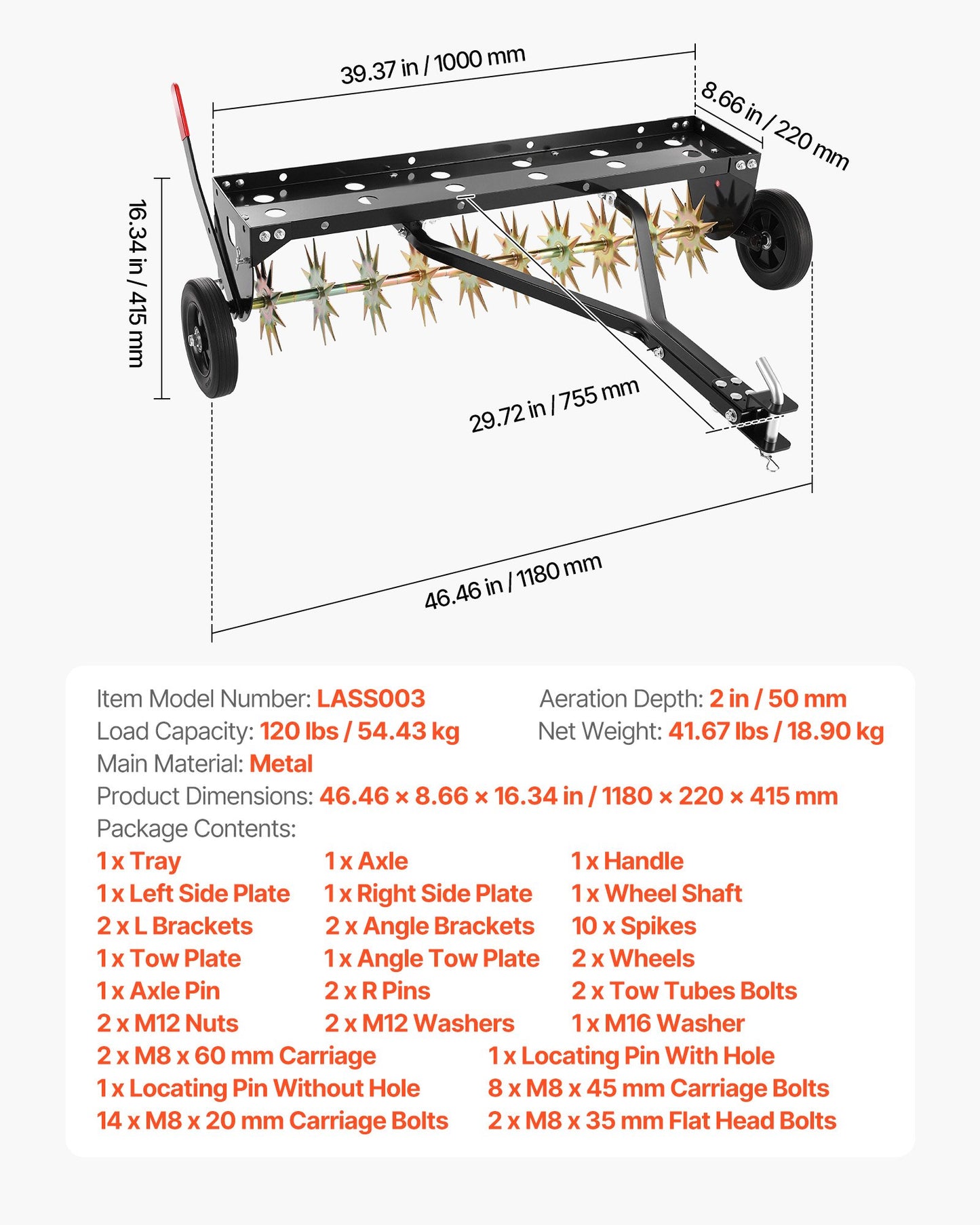 40-Inch Tow Behind Lawn Aerator with Heavy Duty Steel Frame & Weight Tray