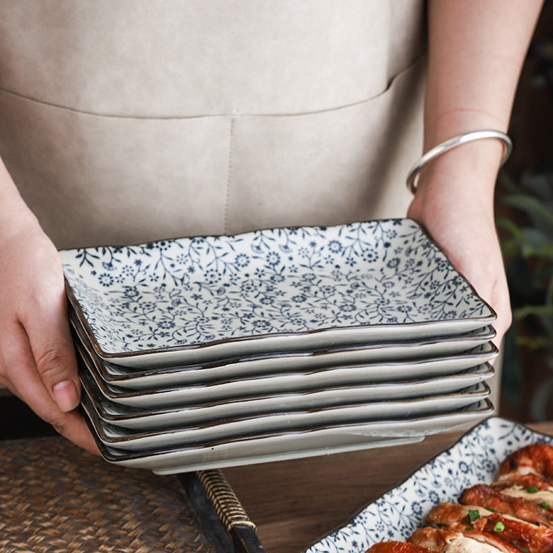 Ceramic Rectangular Plate Set - Antique Under-Glaze Dinnerware for Kitchen