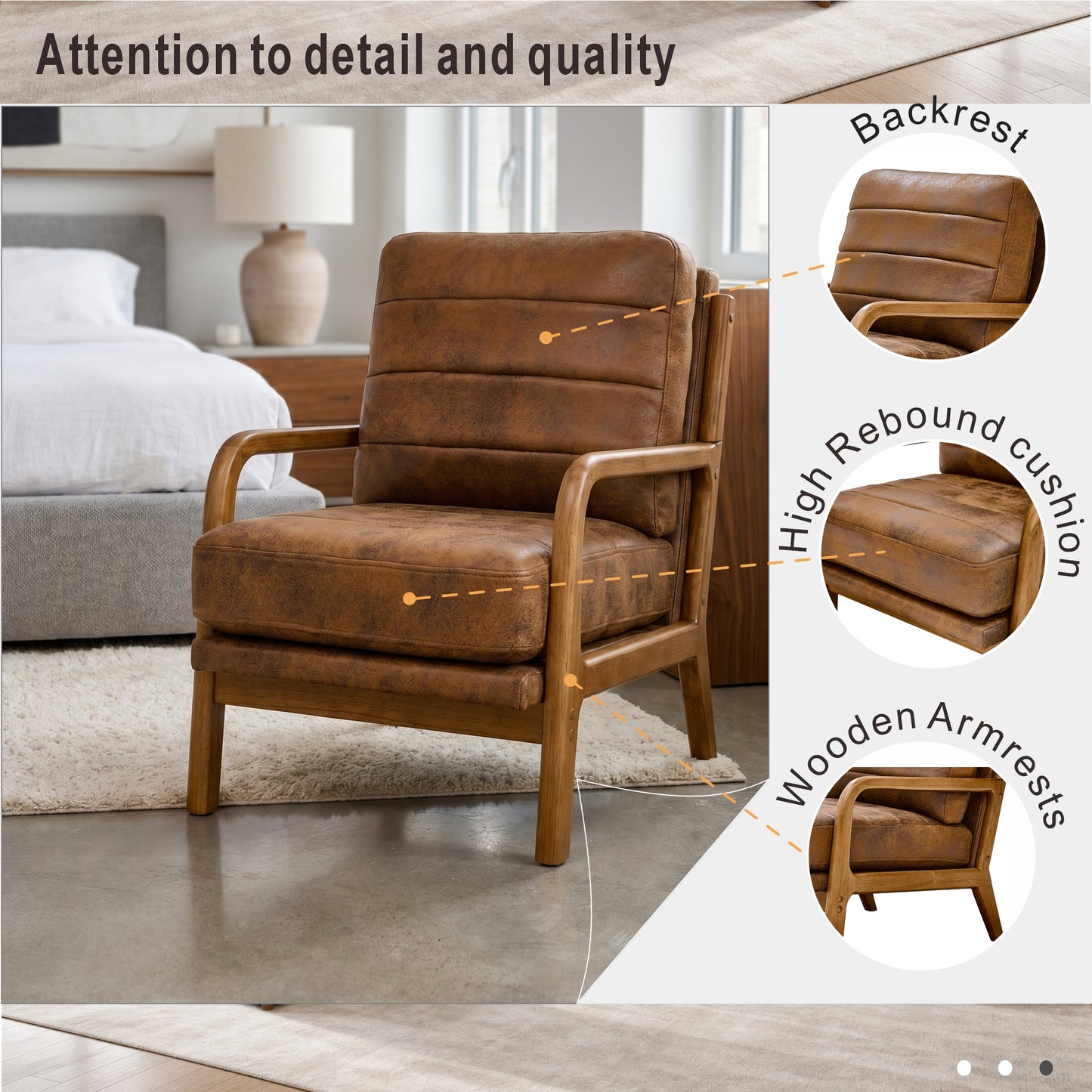 Mid-Century Modern Wood Armchair with Foil Fabric - Light Brown