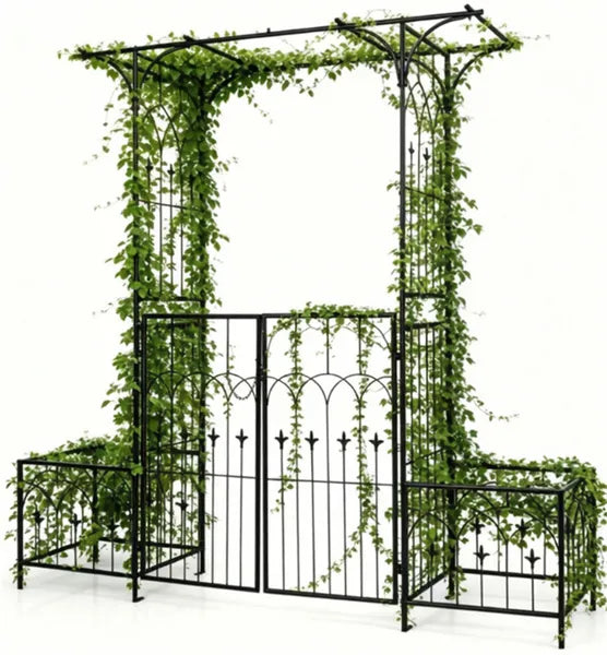Metal Garden Arbor with Double Lockable Gate & Planter Boxes
