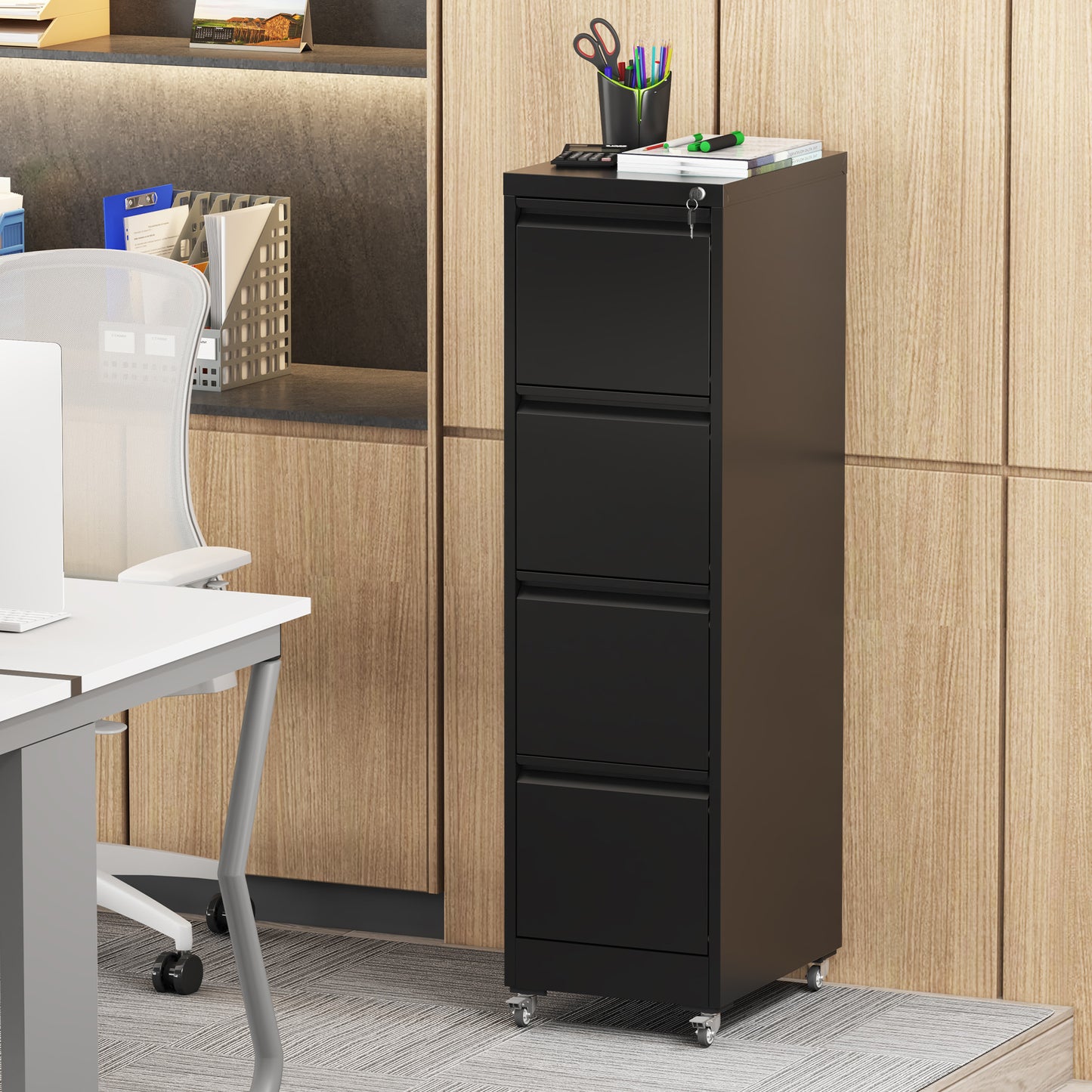 4 Drawer Metal Locking Vertical File Cabinet On Wheels -Heavy-Duty