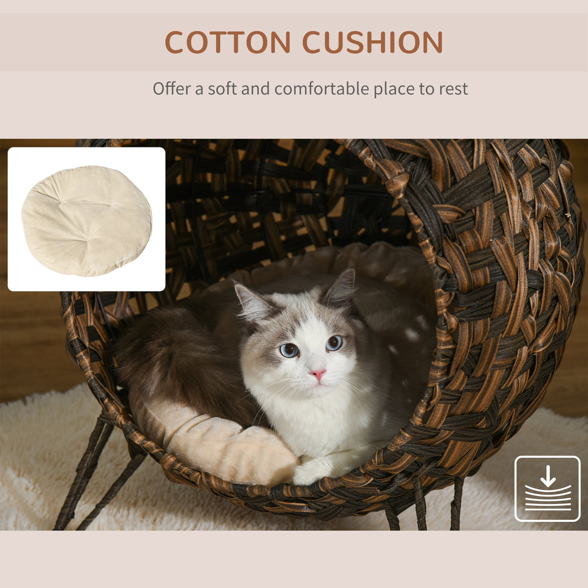 20.5-Inch Weaved Cat Bed with Cushion - Elevated Handwoven Banana Leaf Condo in Brown