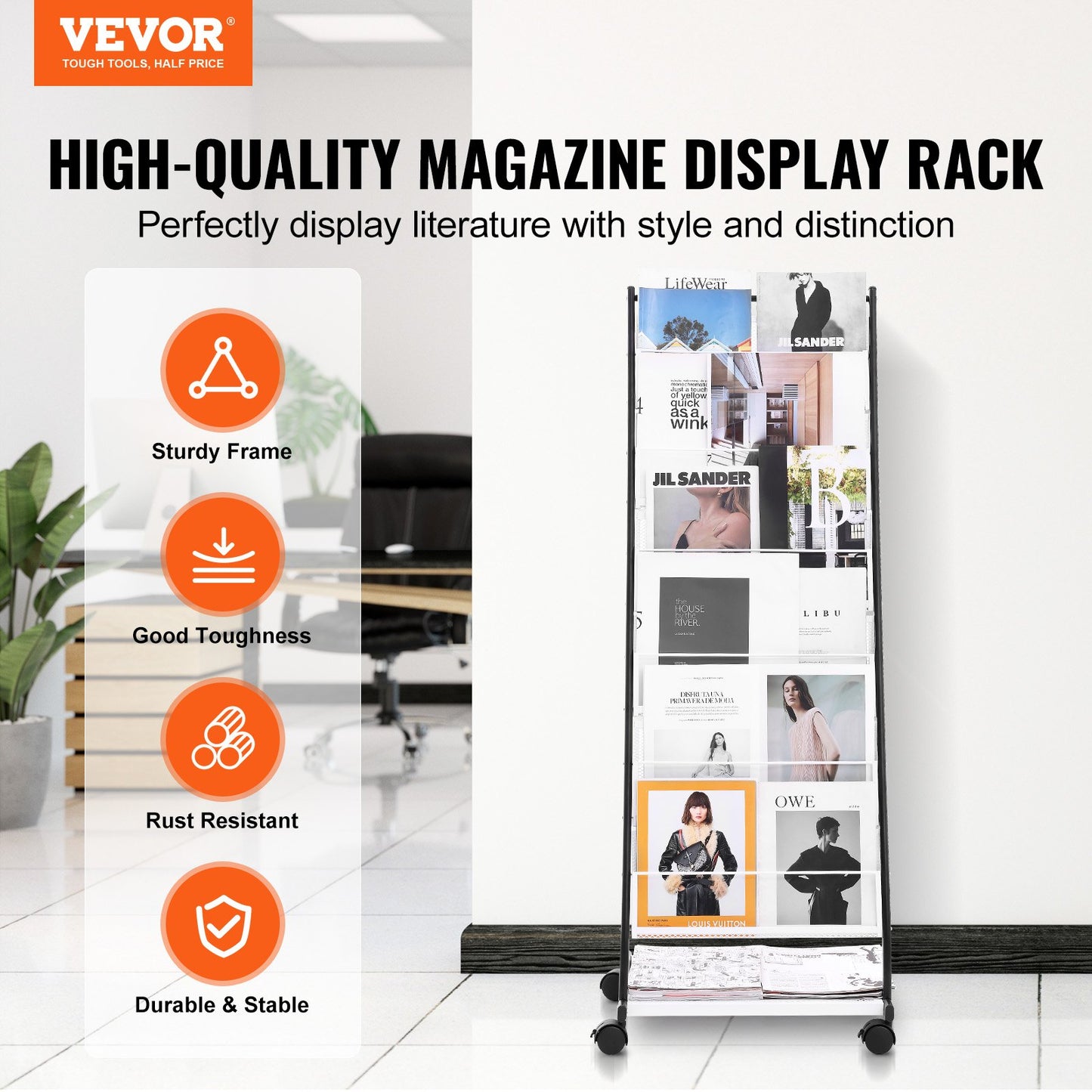 6-Tier Brochure Display Rack with Wheels - Magazine Holder