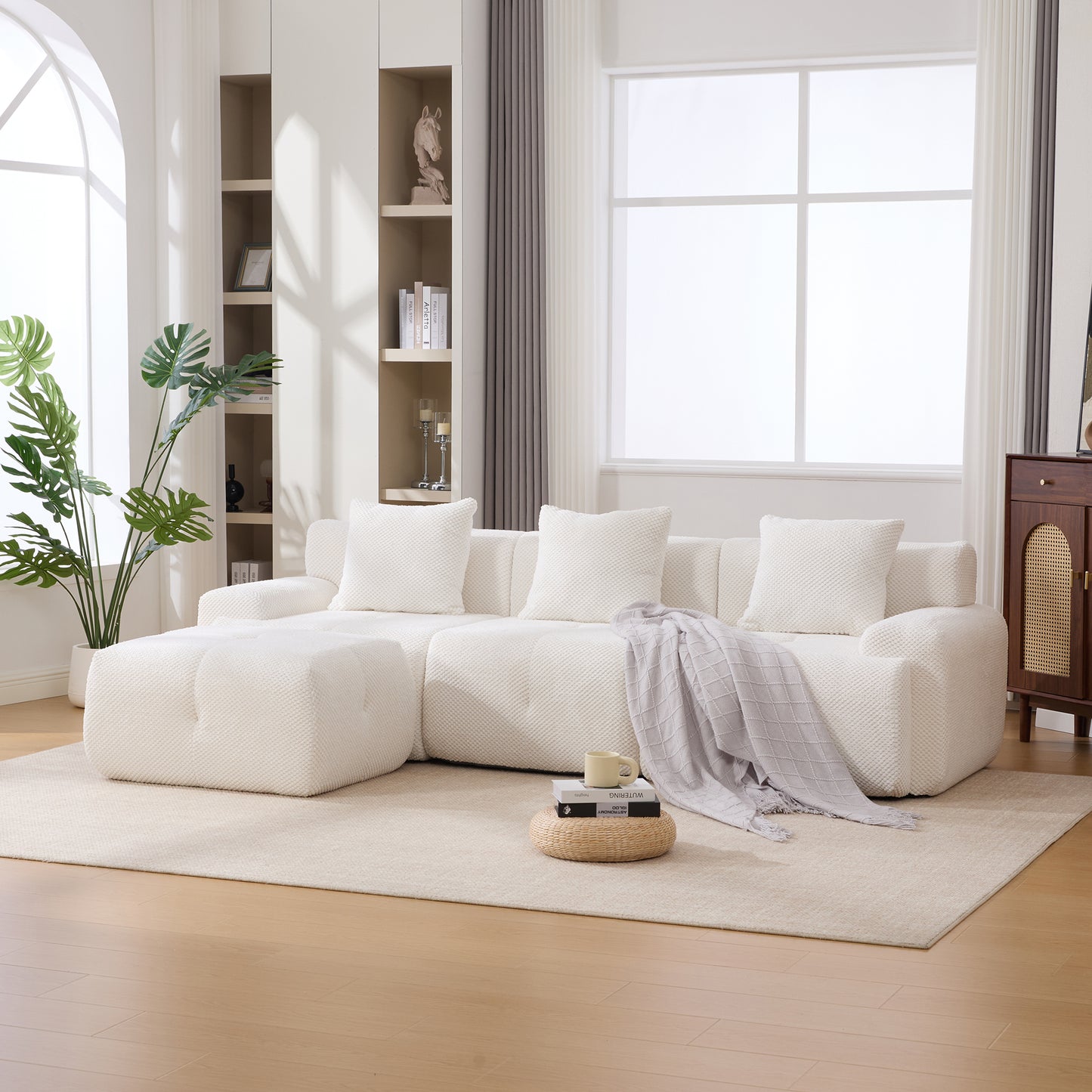 L-Shaped Modular Sectional Sofa Set - Ivory 4-Piece Couch with Ottoman