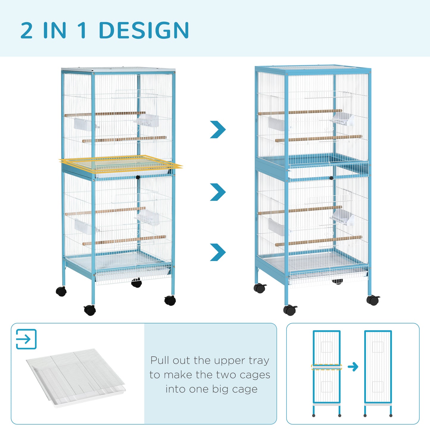 55-Inch 2-in-1 Bird Cage Aviary for Parakeets Finches with Wheels - Light Blue