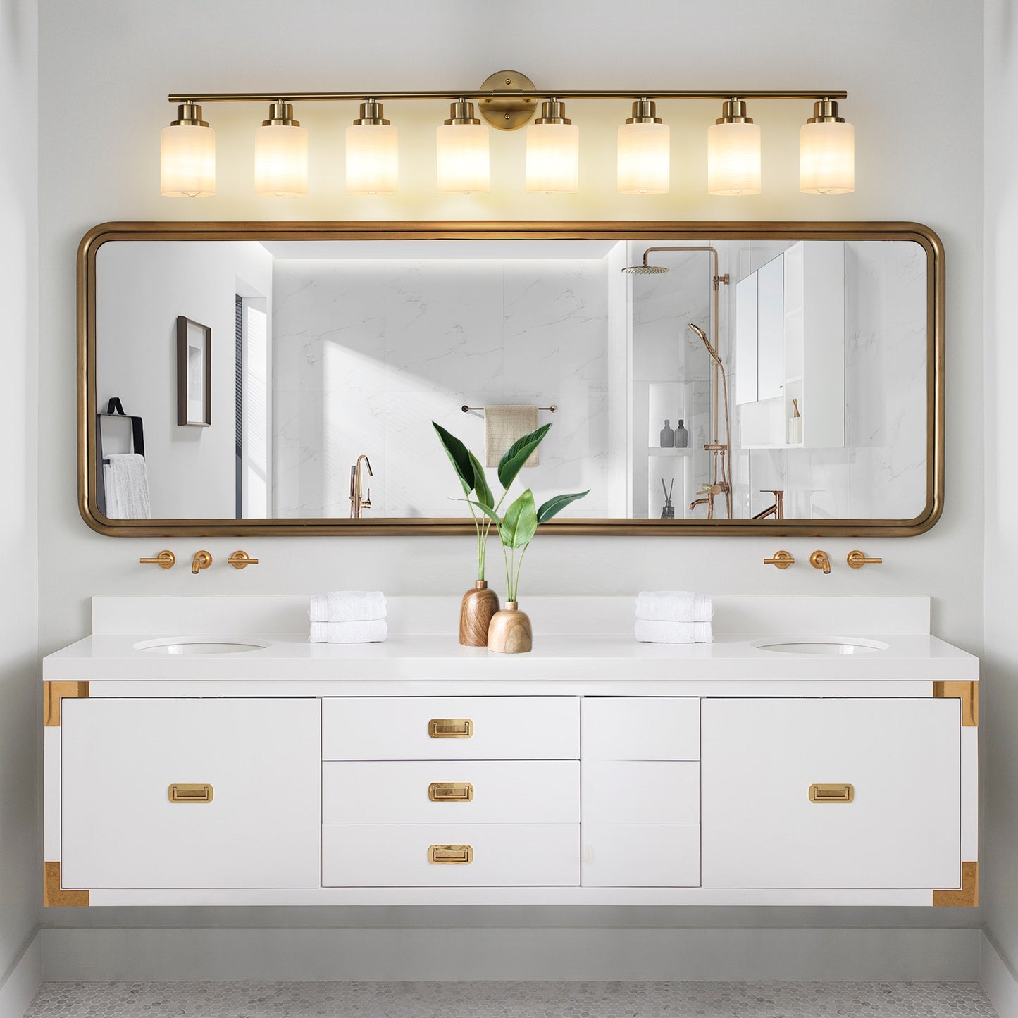Modern 8-Light Wall Sconce - Golden Finish with Frosted Glass Shades