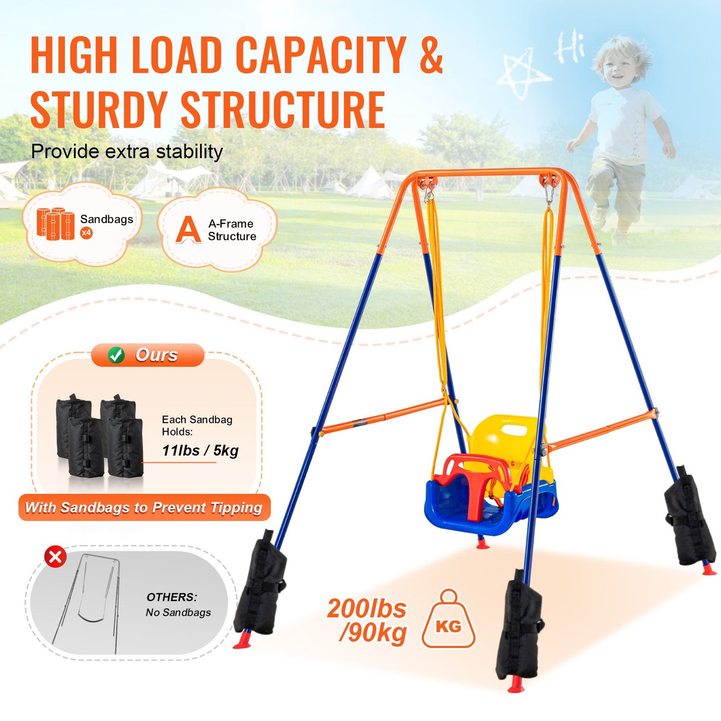 3-in-1 Backyard Swing Set for Kids and Teens - Foldable & Sturdy with Sandbags
