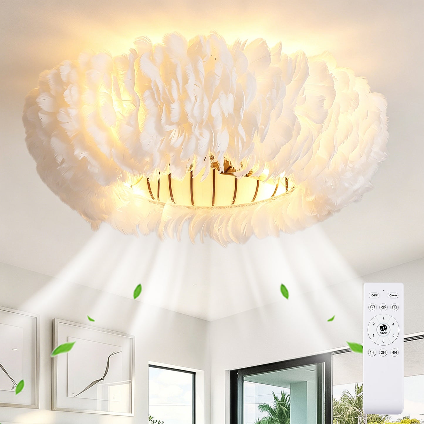 20" Feather-Dressed Caged Ceiling Fan with Remote - White