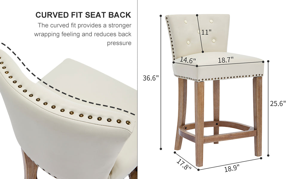 Beige Leather Bar Stools - Fixed Height Dining Chairs (2pc)