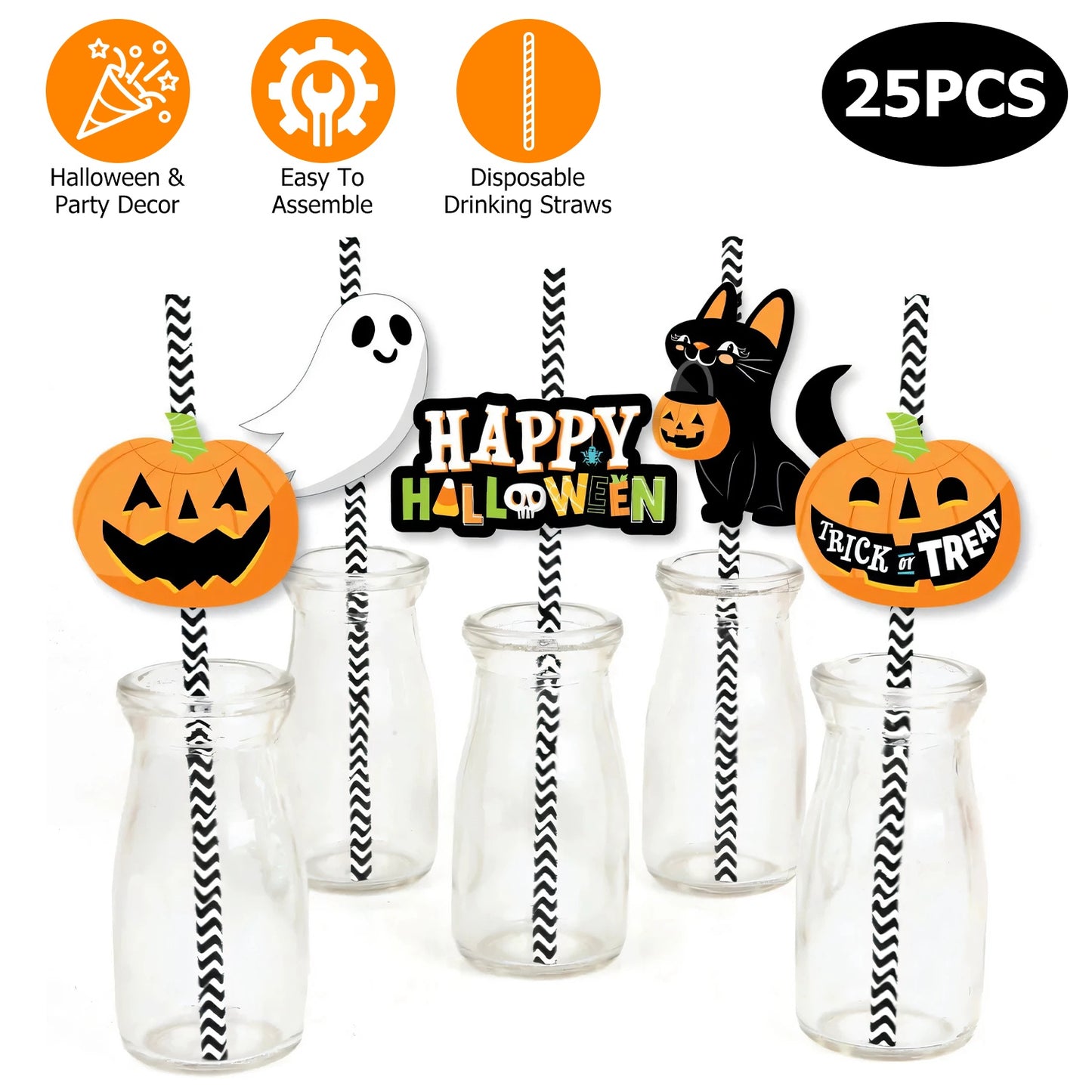25-Pack Halloween Decorative Straws - Multicolor Paper Straws