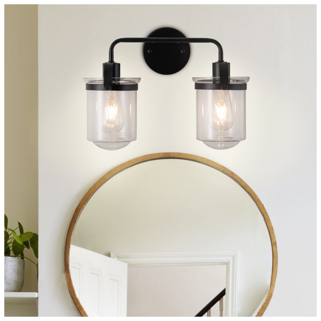 Modern Black Wall Sconce Light with Clear Glass Shade - Indoor Indoor Fixture for Bathroom Bedroom Living Room Kitchen Sink - E26 Socket