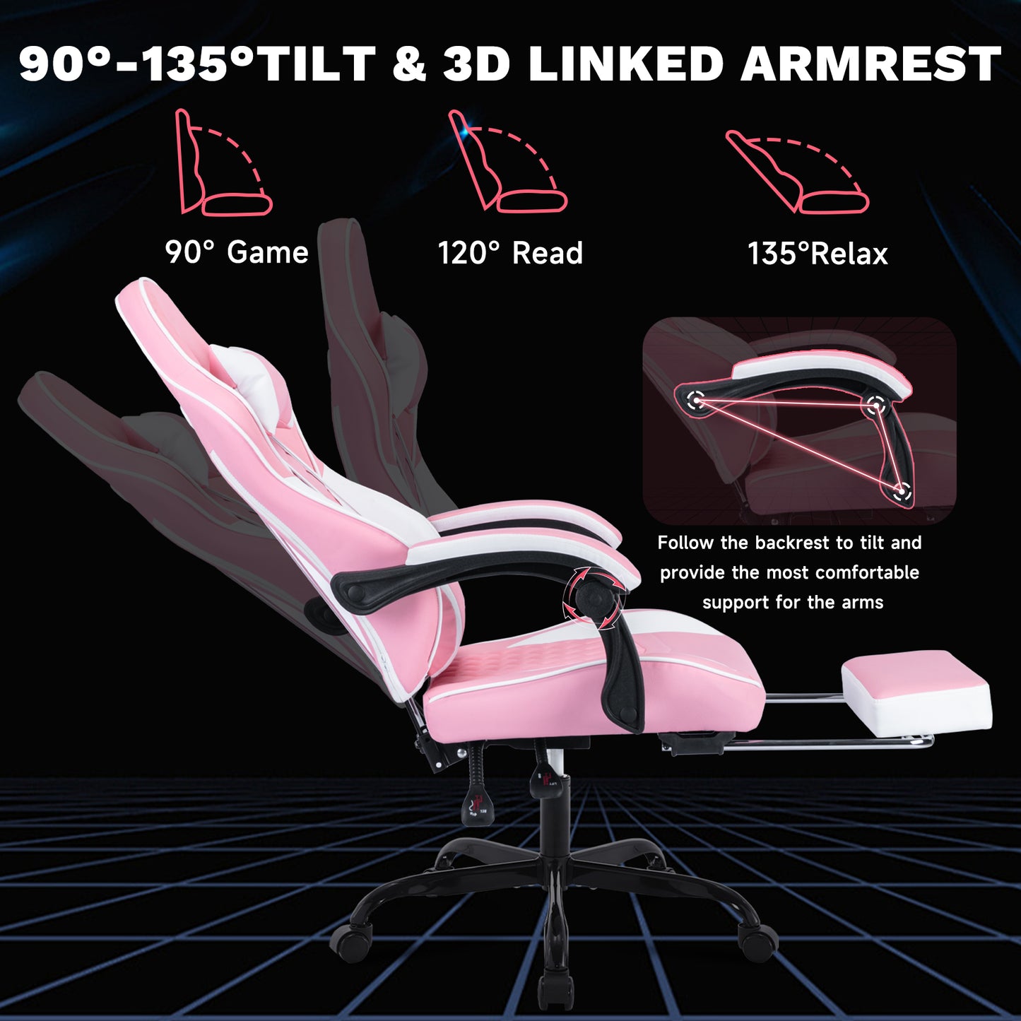 Ergonomic Gaming Chair with Massage Lumbar Support & Footrest - Pink & White