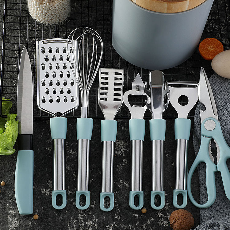 Stainless Steel Kitchen Utensil Set with Scissors Peeler Egg Beater & Tray - Multiple Colors