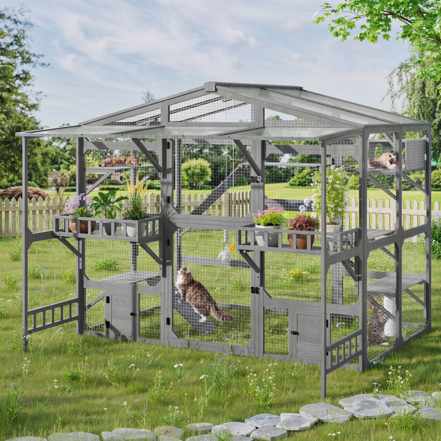 Outdoor Cat Enclosure with 6 Platforms Climbing Ramp & Resting Box for Multiple Cats - Grey