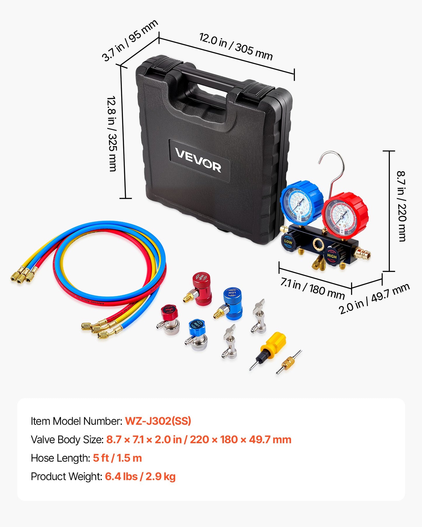 Automotive AC Manifold Gauge Set with 4 Refrigerant Compatibility and 5 Ft Hoses
