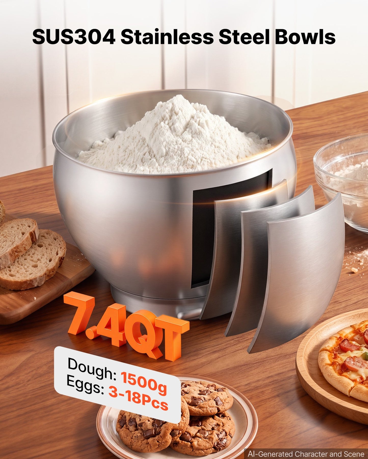7.4 Qt Tilt Head Stand Mixer 500W with Stainless Steel Bowl & Attachments