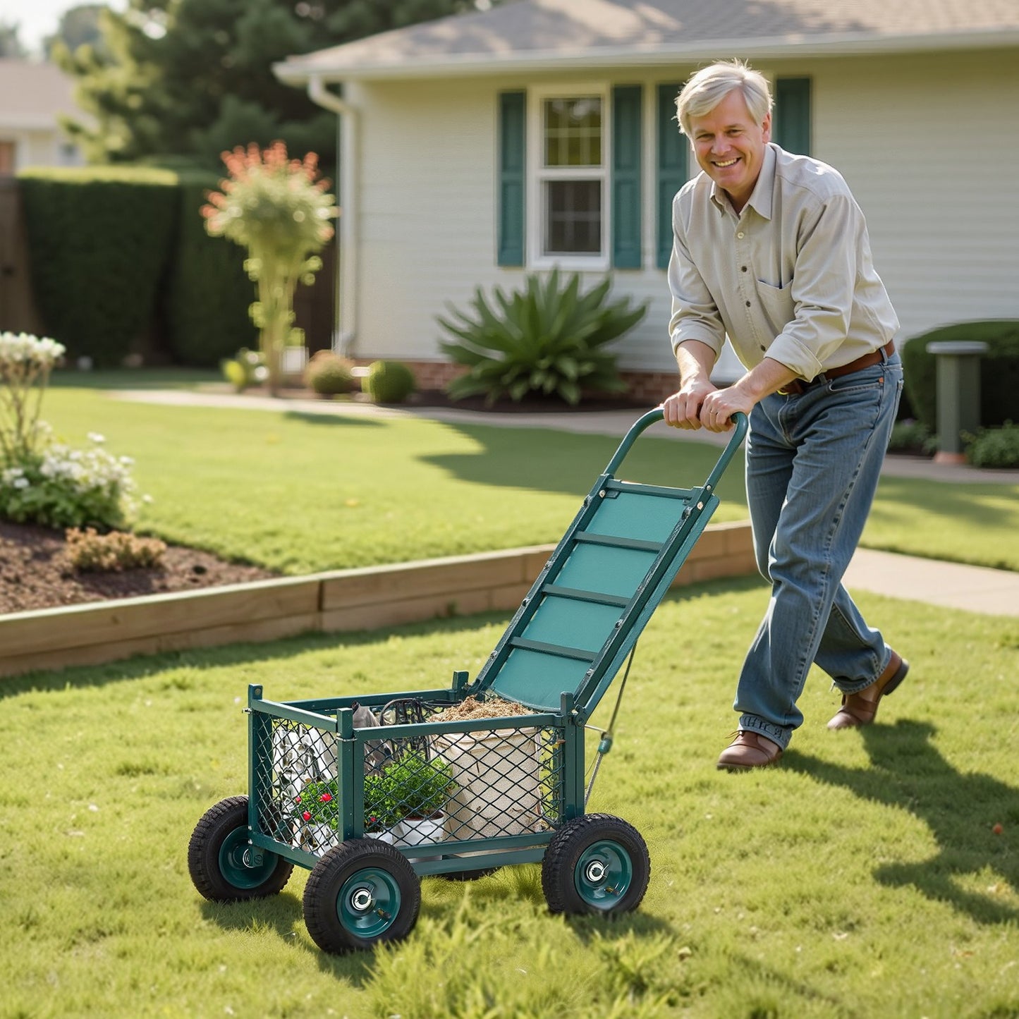 Heavy Duty Garden Cart with Seat and Storage - 400LB Capacity, Green