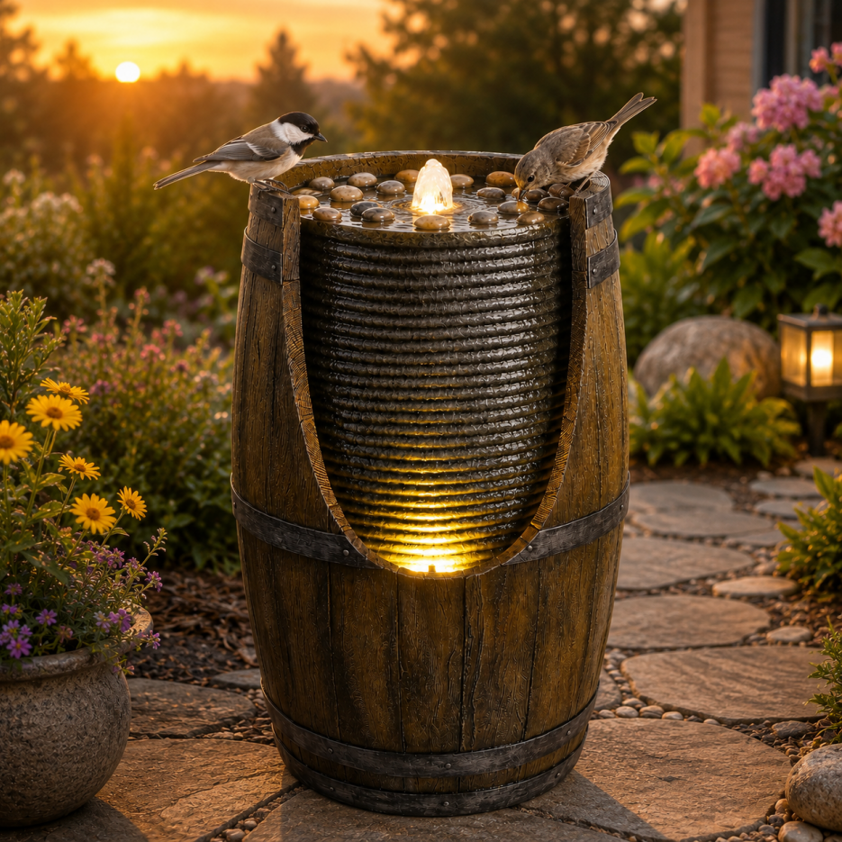 Outdoor Water Fountain with Bird Waterer - Rustic Barrel Garden Feature with LED Lights