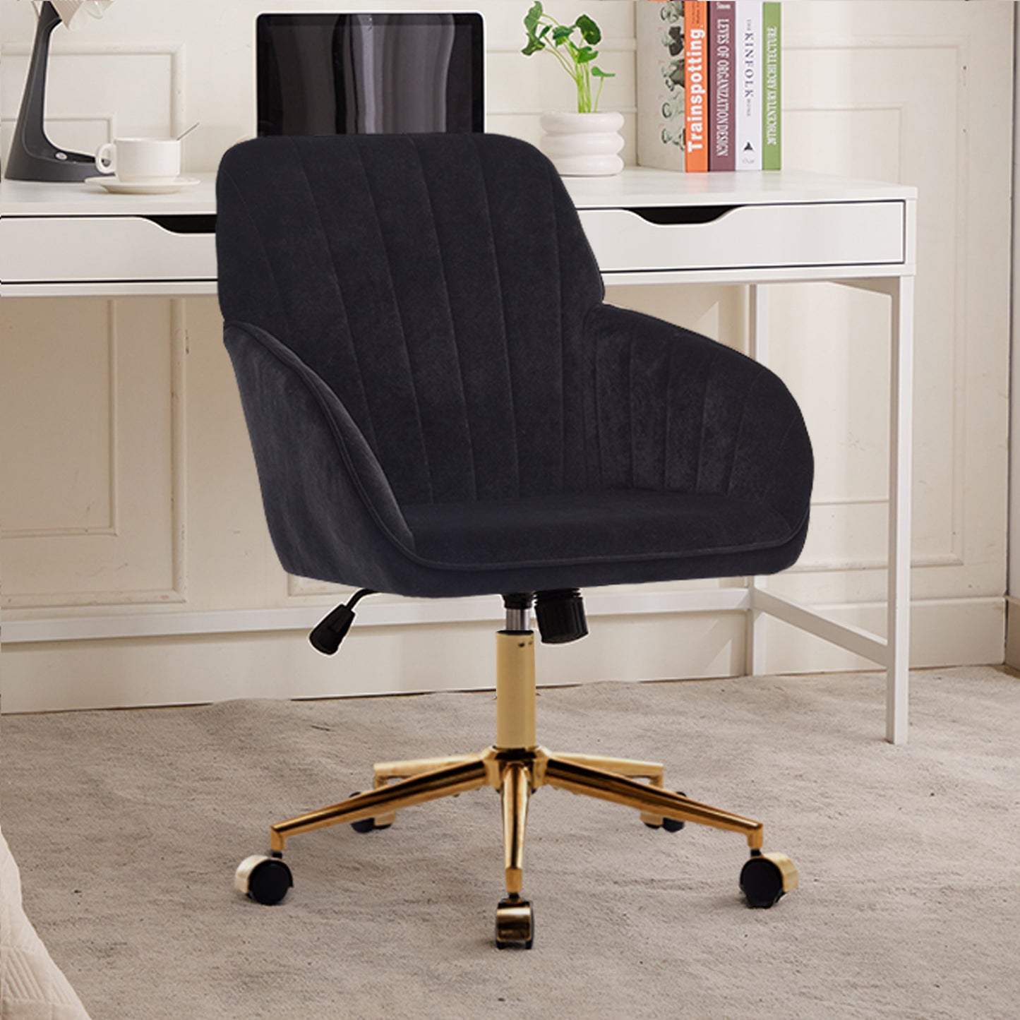 Ergonomic Adjustable Office Chair - Black Velvet Swivel Seat