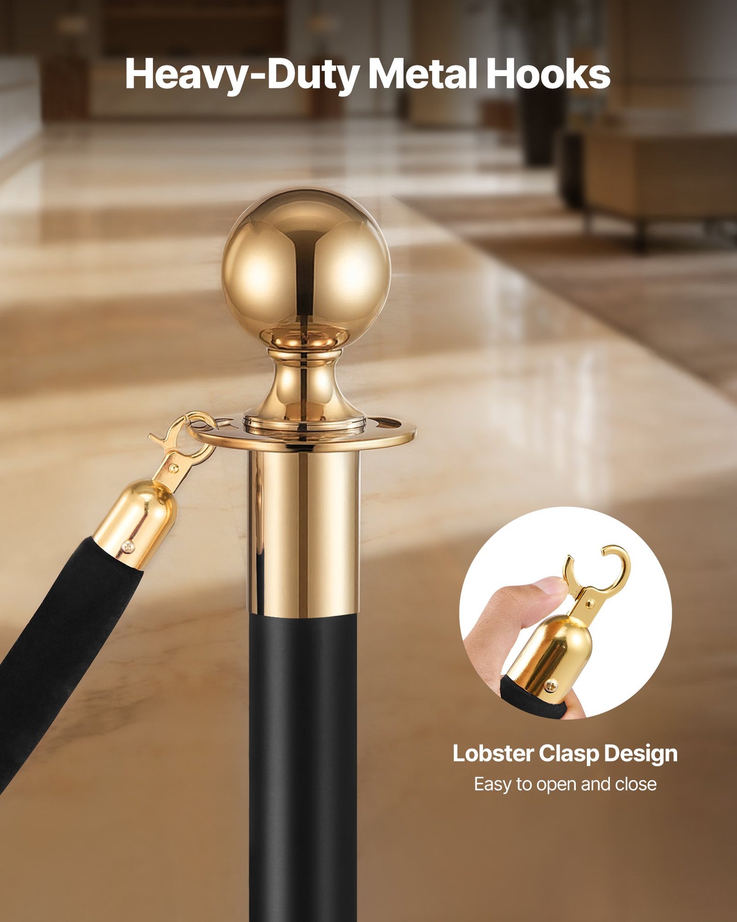 Crowd Control Velvet Ropes with Gold Hooks - 4 Pack, 5 Feet Black Barrier Ropes for Events
