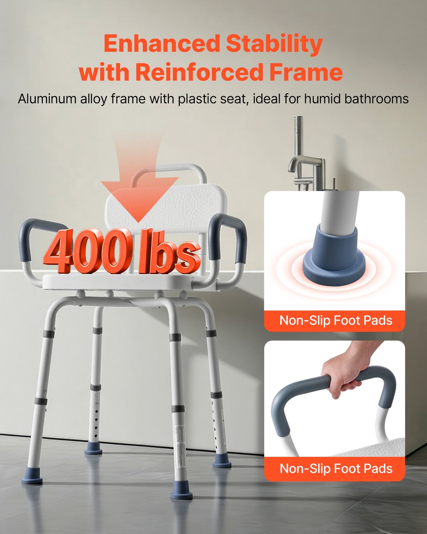 Heavy Duty Swivel Shower Chair with Arms and Back - 400 lbs Capacity, Height Adjustable Bathroom Seat for Adults and Seniors