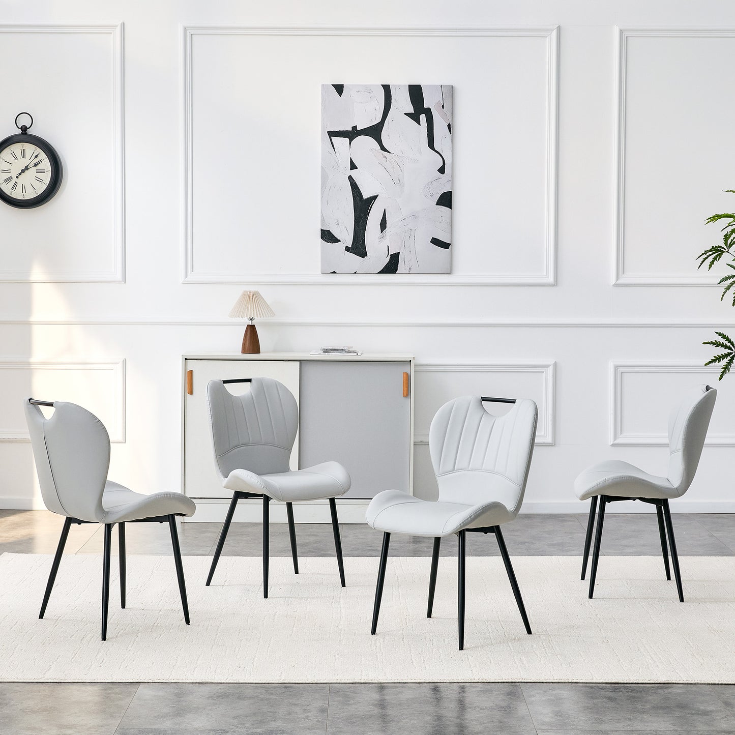 Set Of 4 Light Grey PU Dining Chairs With Integrated Handle. Black
