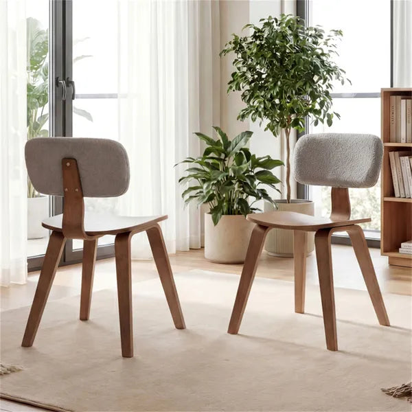Set of 2 Grey & Walnut Dining Chairs - Plush Teddy Velvet Upholstery