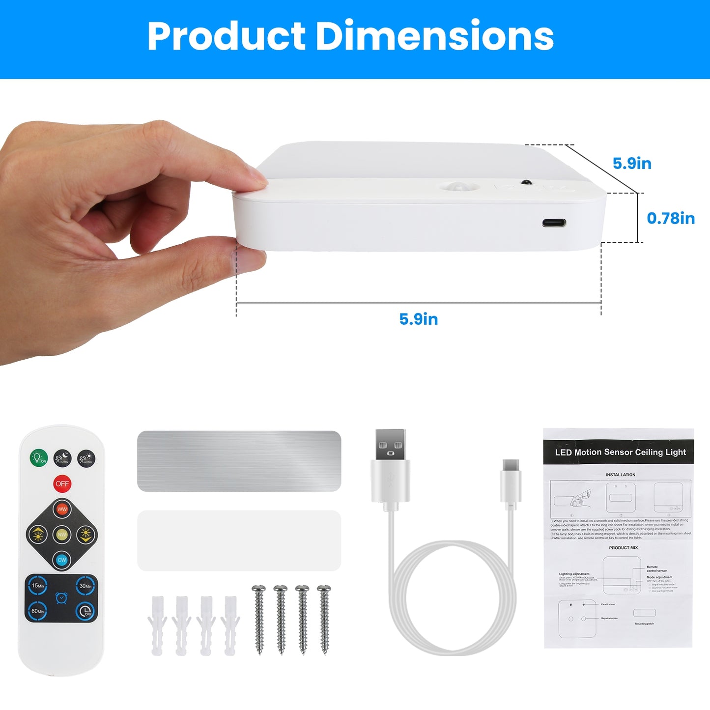 Wireless Rechargeable Motion Sensor Ceiling Light with Remote for Home & Garage