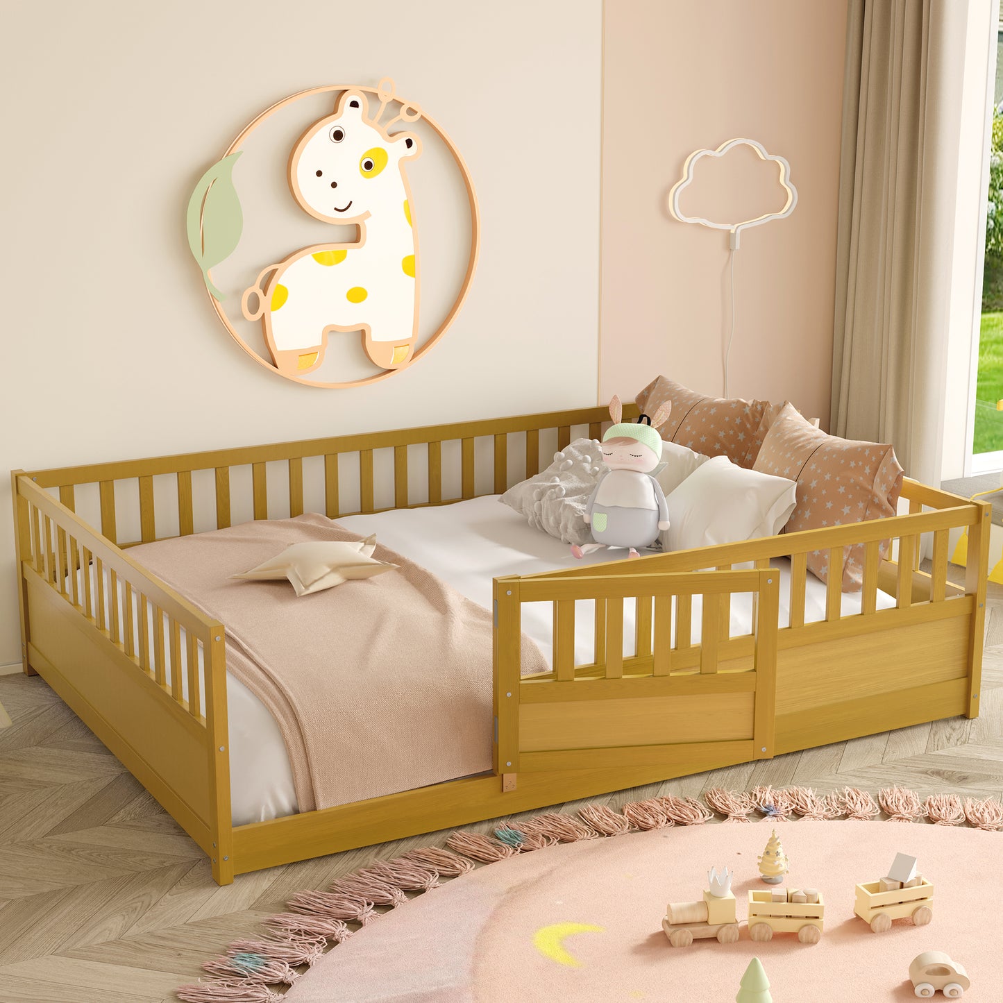 Full Size Montessori Floor Bed with High Security Barrier - Natural Wood