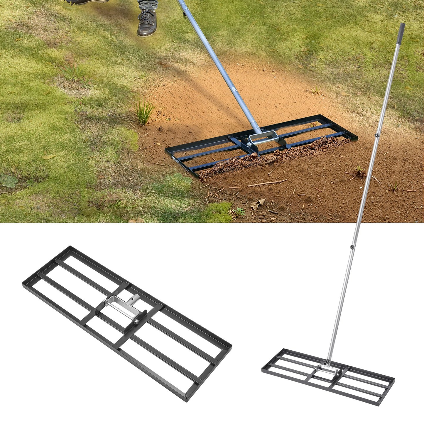 10x30in Heavy Duty Lawn Leveling Rake with Adjustable Handle for Yard & Garden