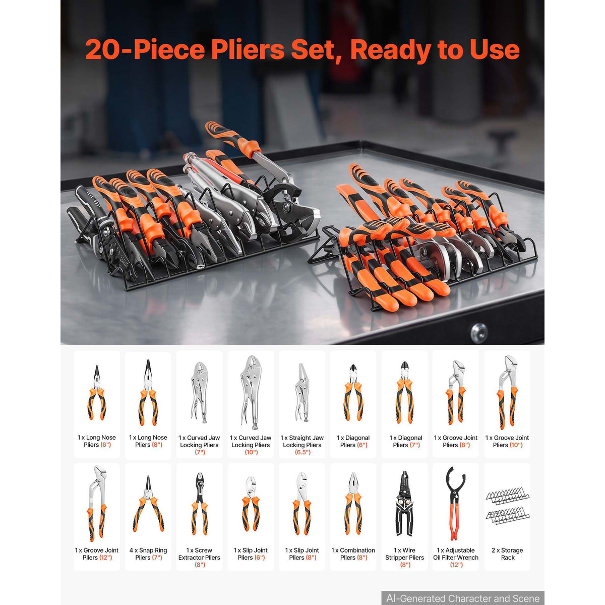 20-Piece Pliers Set with Organizer Rack - Hand Tools for DIY & Home Gardening