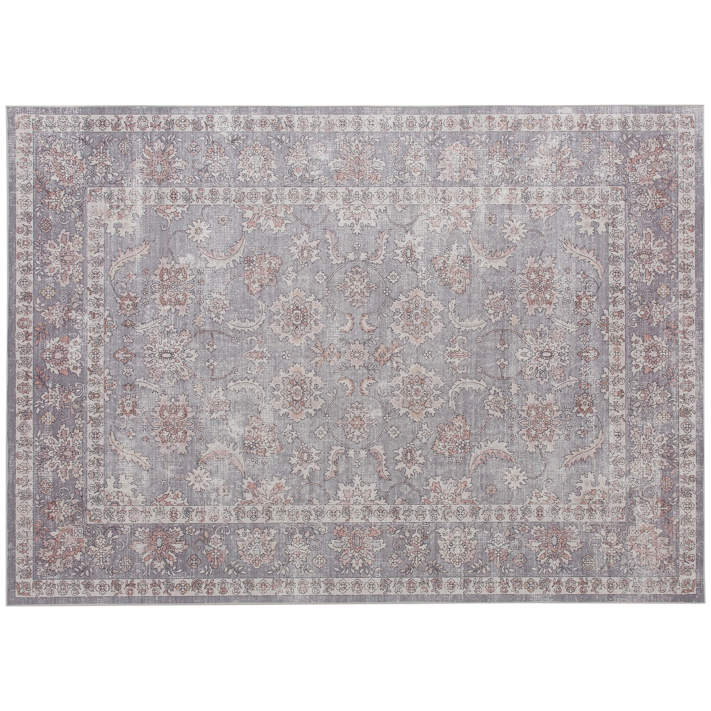 Machine Washable Non-Slip Area Rug 5x7 - Grey and Brown Floral