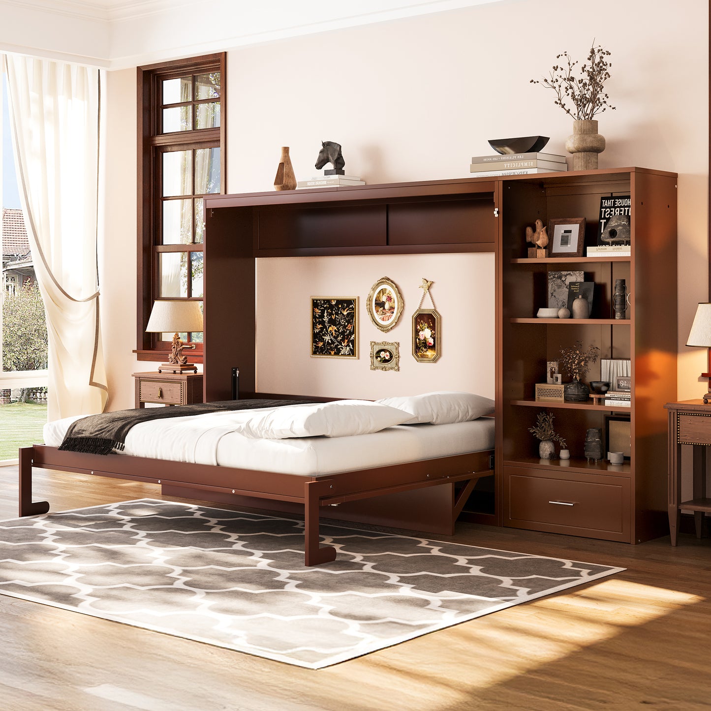 Queen Size Murphy Bed With Height Adjustable Storage Compartments And