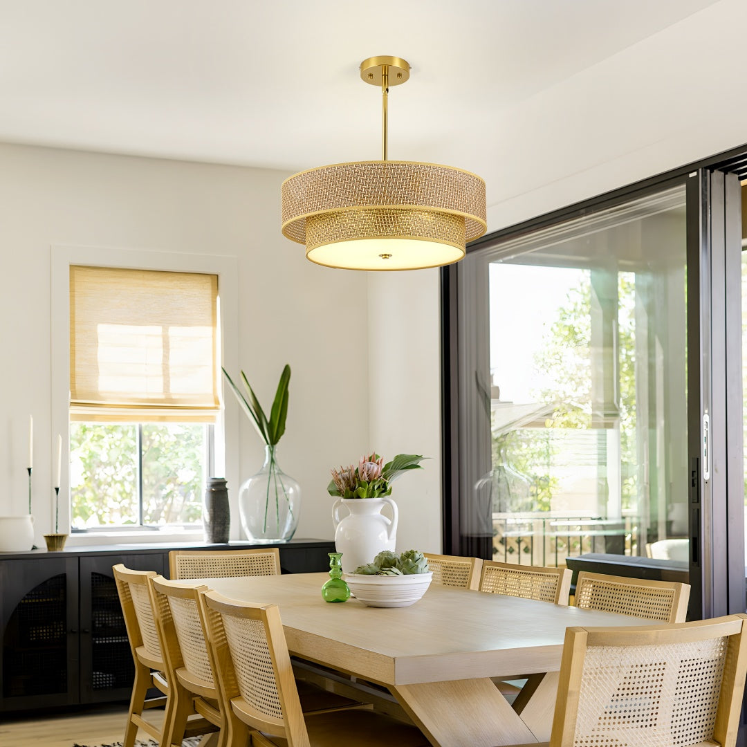 Woven Rattan & Linen Ceiling Light Fixture - Semi Flush Mount for Bedrooms & Kitchen