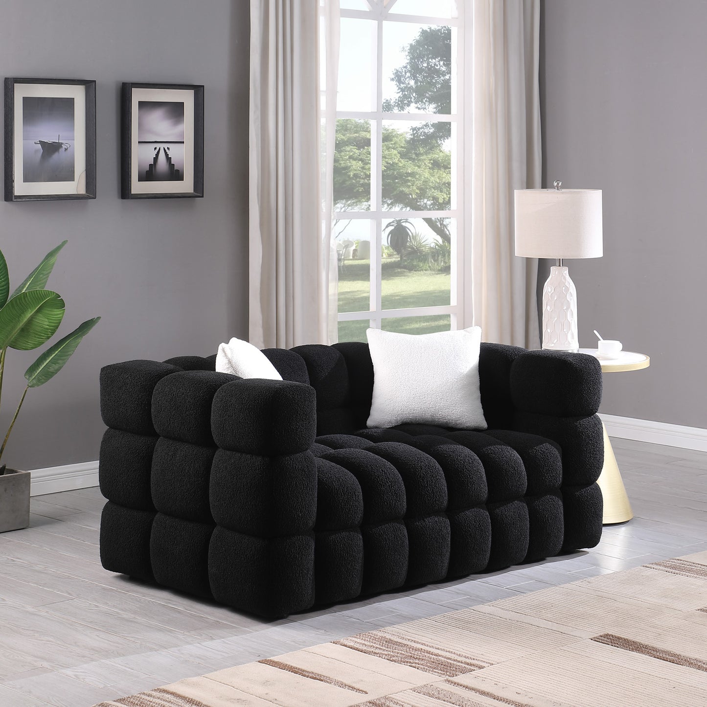 Boucle Sofa - 2 Seater, Black, Marshmallow Design, 62.2" Length