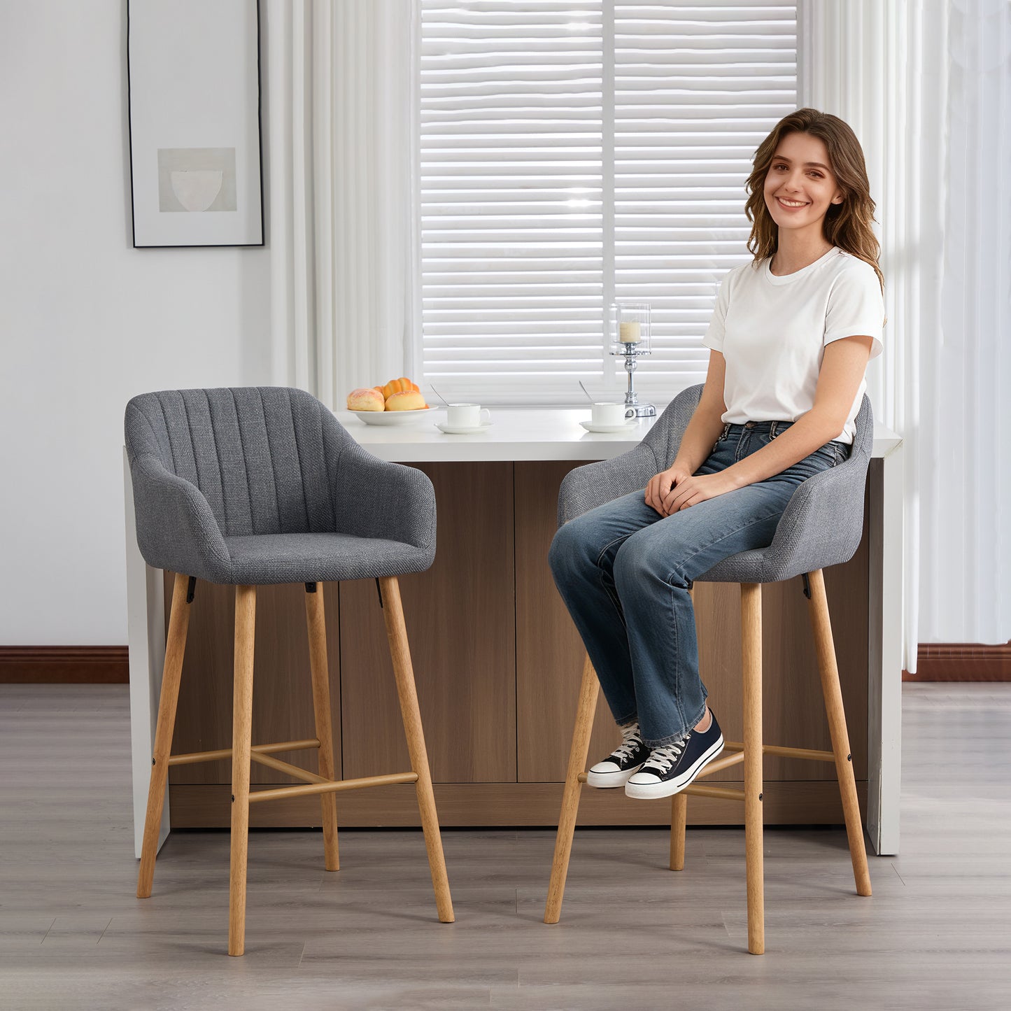 Modern Bar Stools Set of 2 - Gray Linen Upholstered Chairs