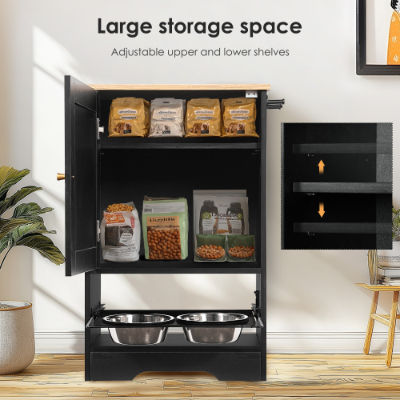 Pet Feeding Station with Storage Cabinets and Elevated Bowls - Black