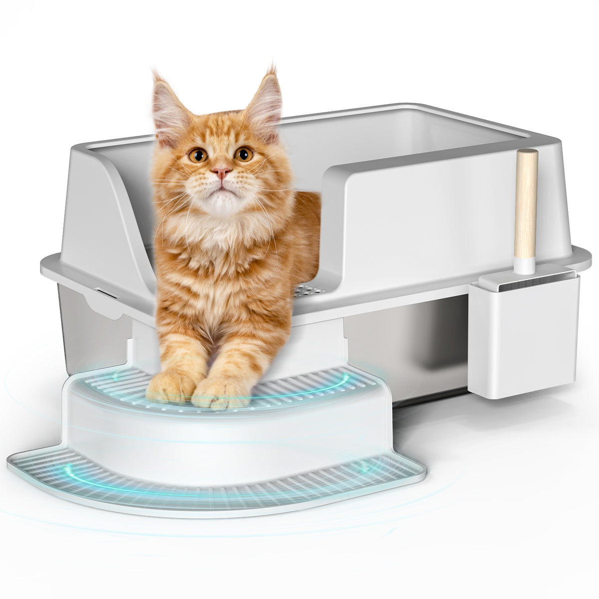 30L Stainless Steel Semi Enclosed Cat Litter Box with Footboard & Scoop