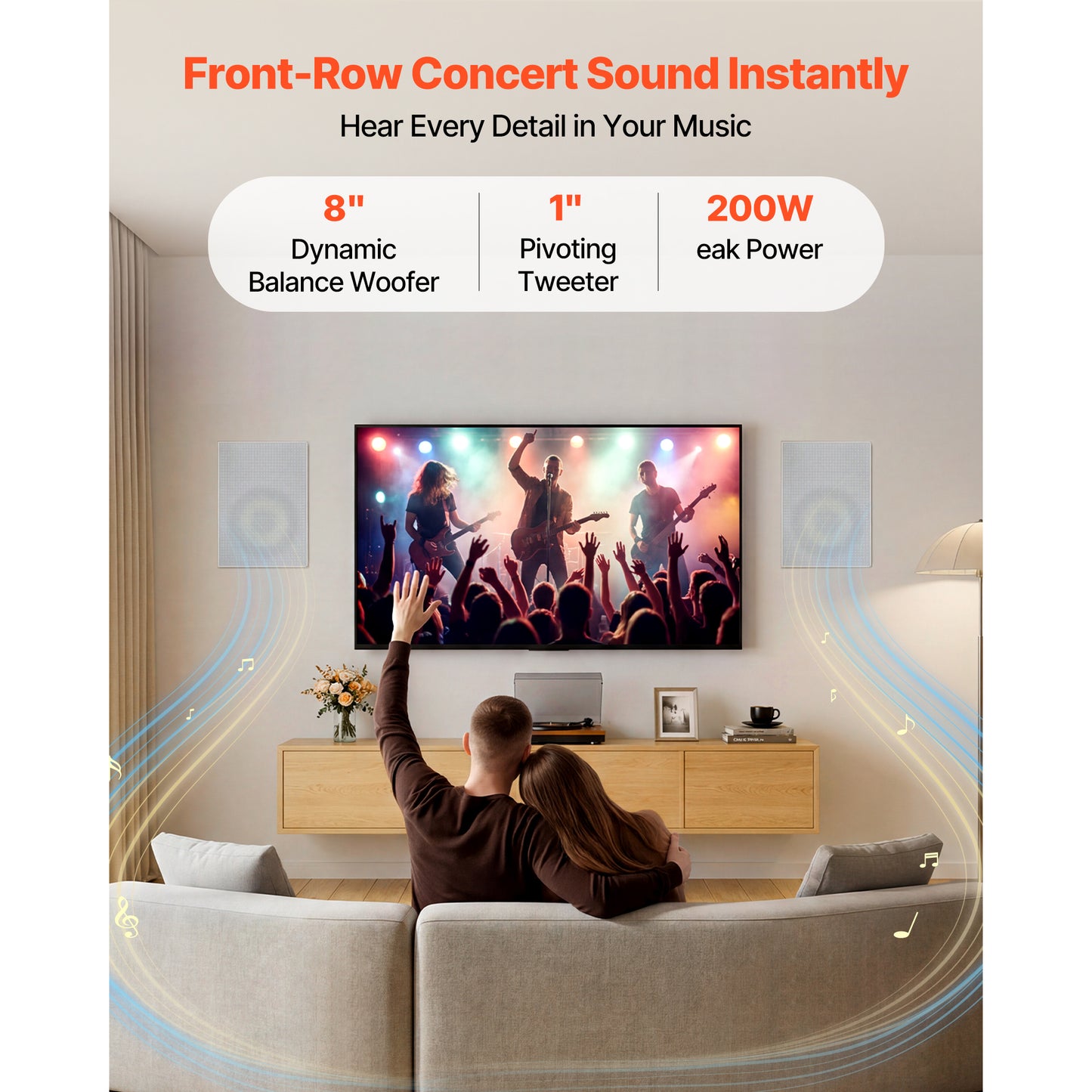 In-Wall Speakers 8-Inch Hi-Fi Sound Wall System with Paintable Grille, 200W Peak, 2-Way Rectangular for Indoor Use