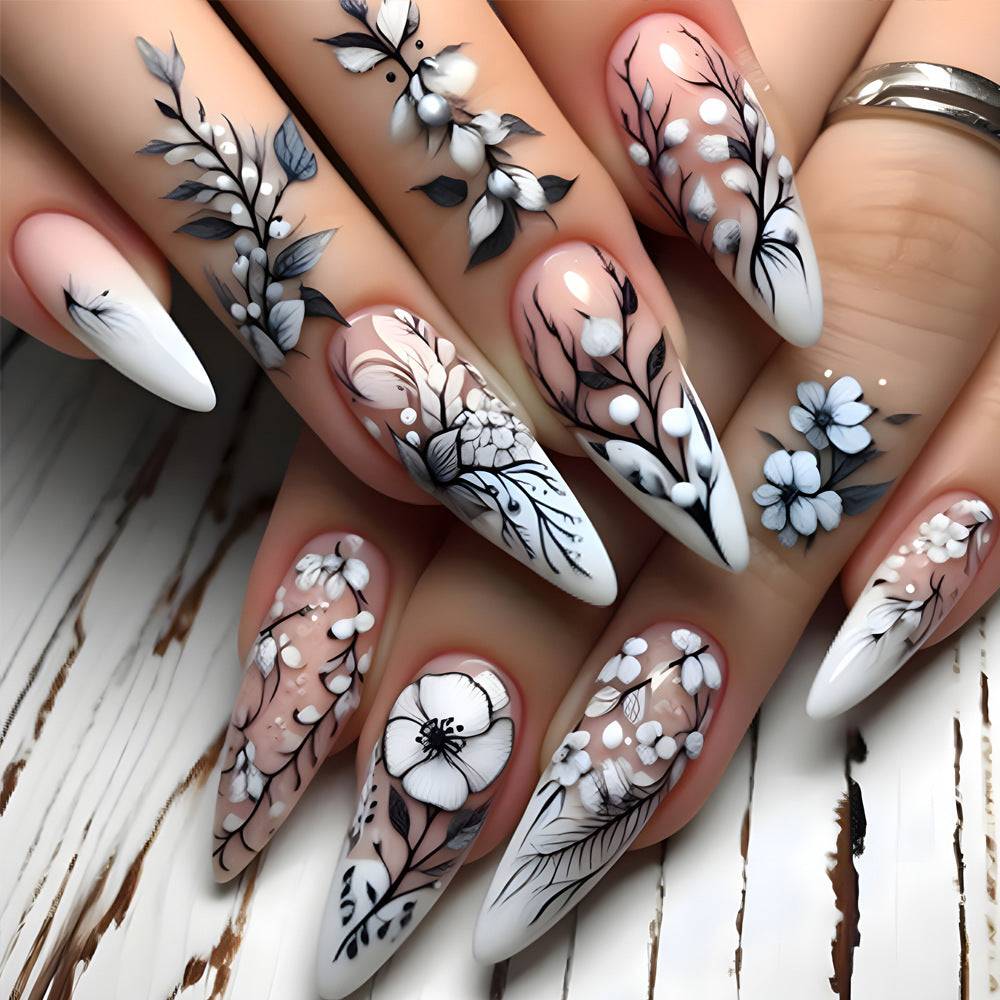 Women's Long Nail Art Patches Frost Flower Snow Set - Easy Nail Decor