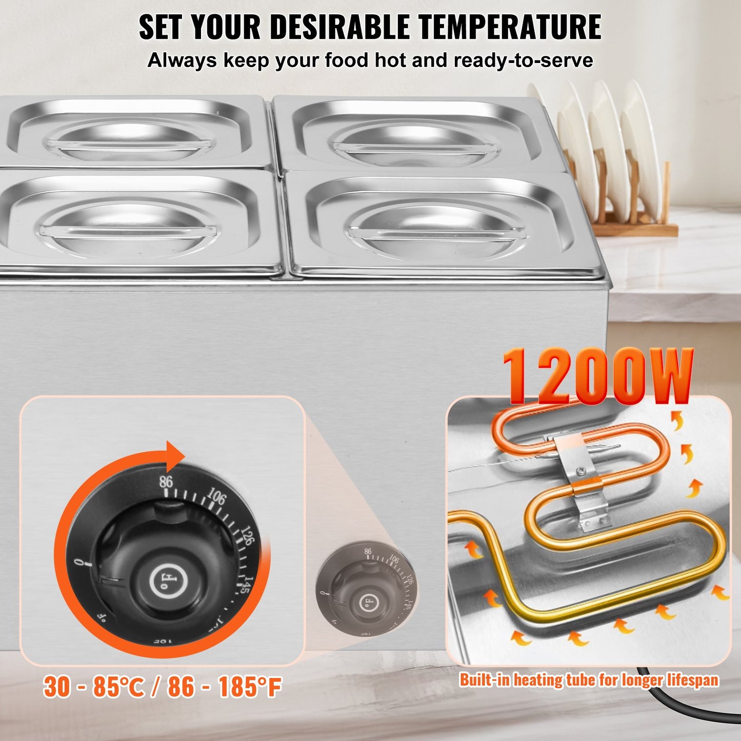 Commercial Food Warmer 6-Pan Countertop Buffet Bain Marie 14.3QT - Stainless Steel