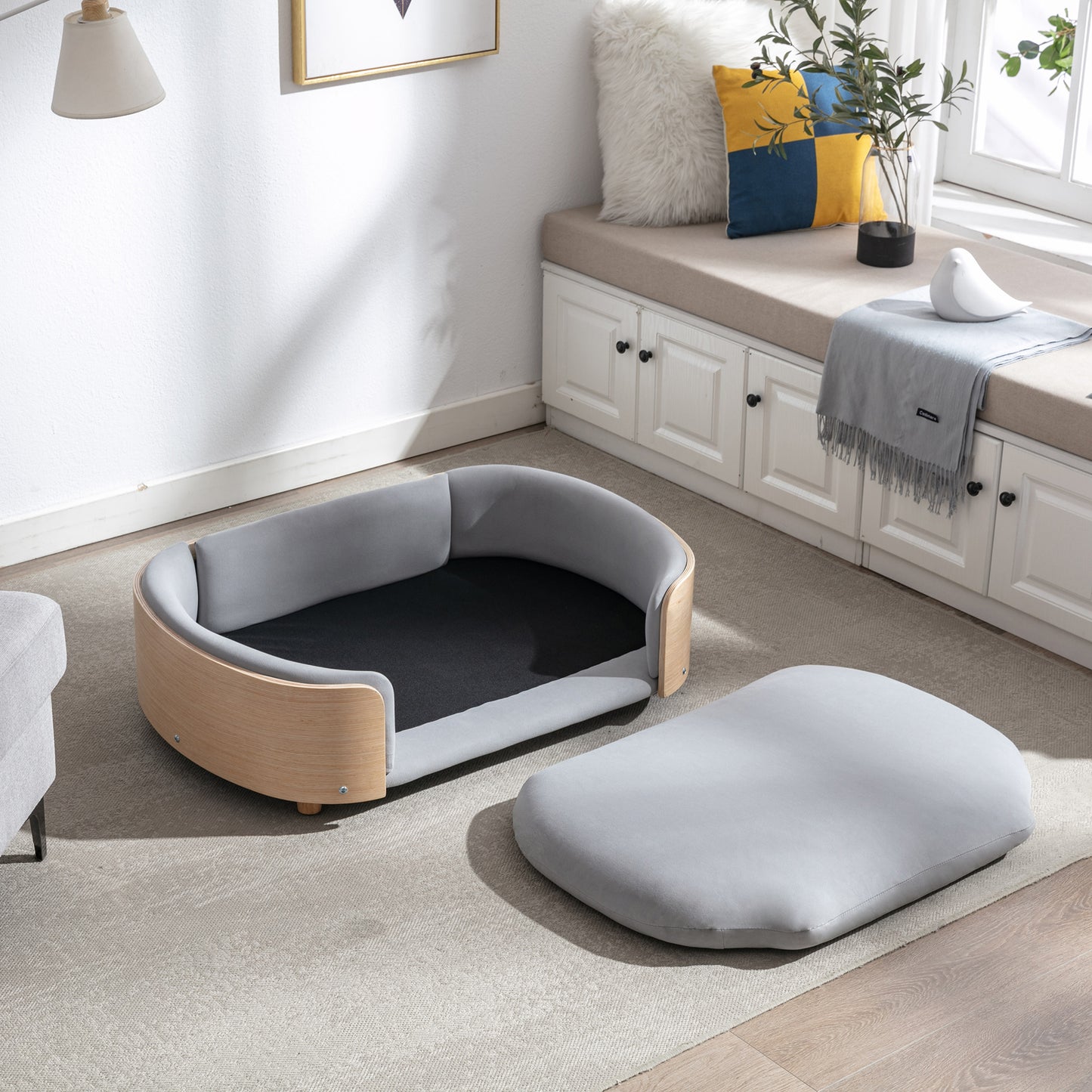 Large Scandinavian Style Elevated Dog Bed with Velvet Cushion and Solid Wood Legs
