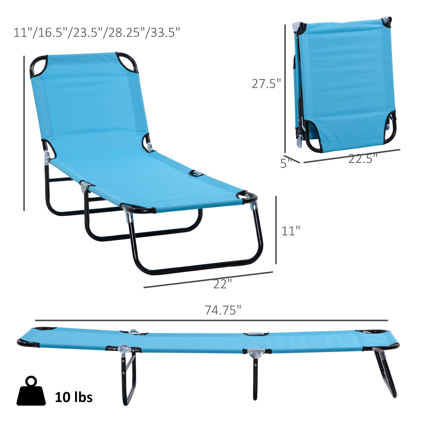 Folding Chaise Lounge Chair - 5-Level Recline, Sky Blue