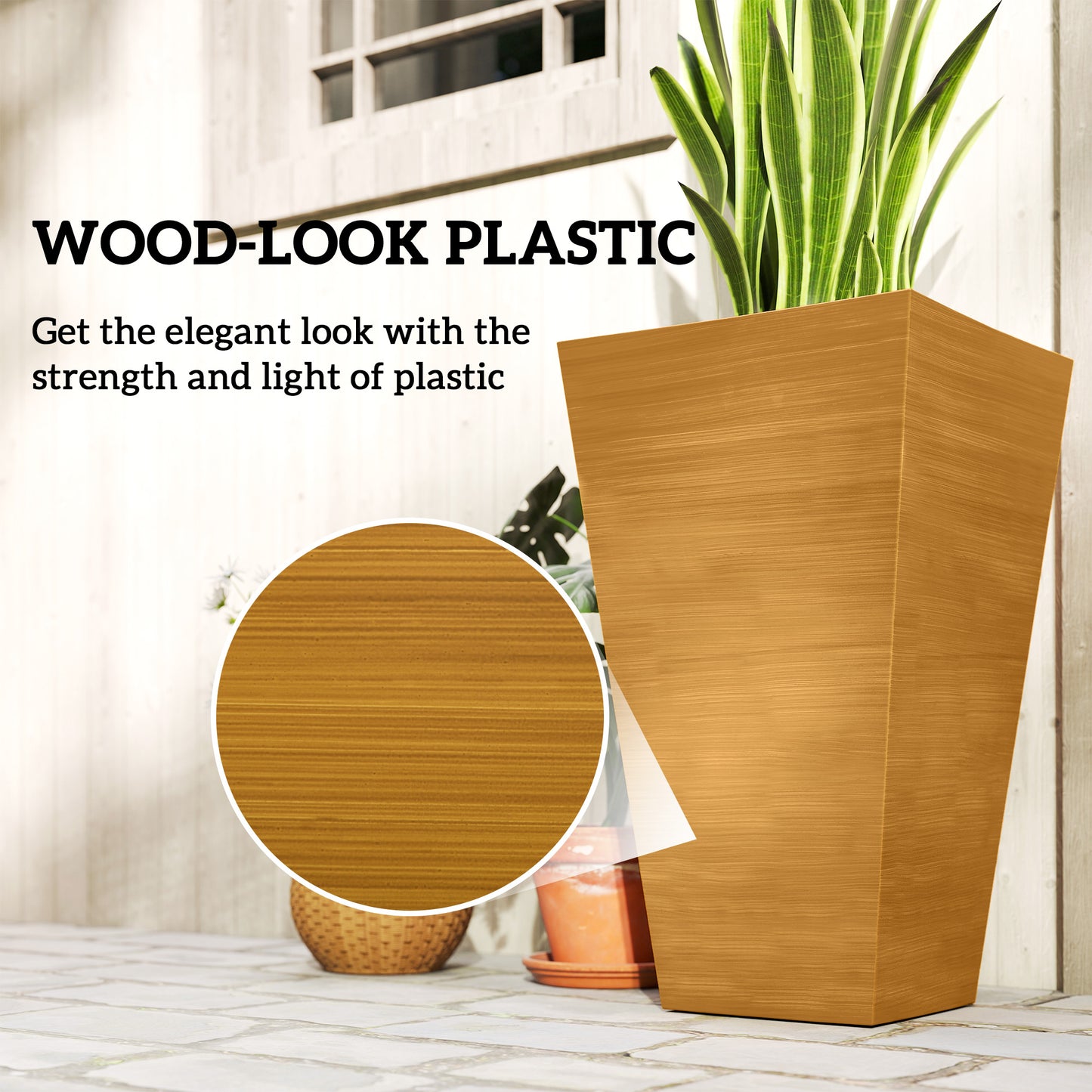 Set of 3 Tall Outdoor Planters 28 Inches with Drainage Holes Faux Wood Look