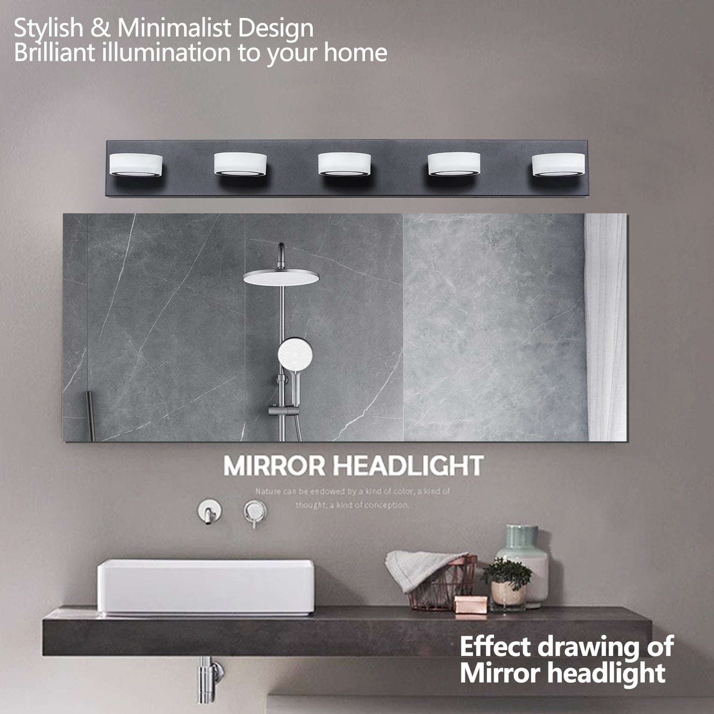 5-Light LED Vanity Light Fixture - Dimmable Black Bathroom Lighting