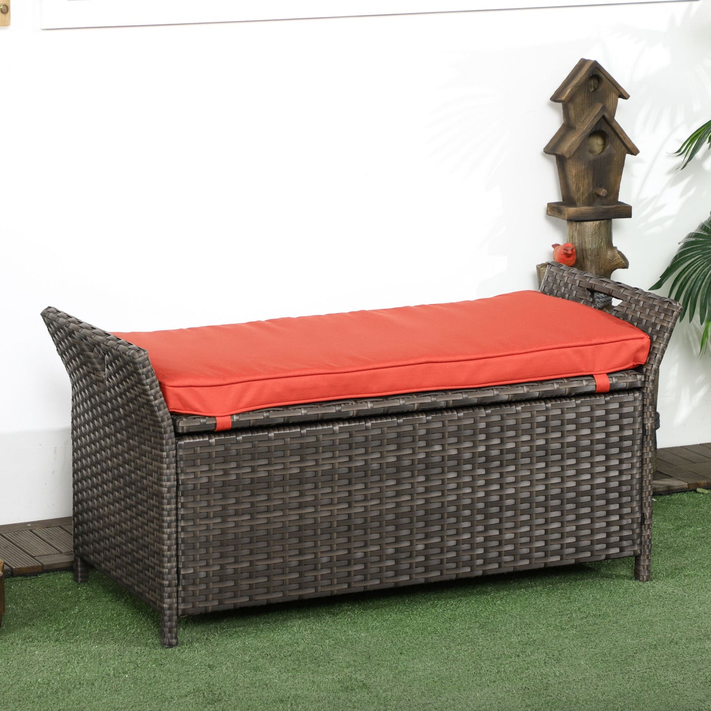 29 Gallon Outdoor Wicker Storage Bench with Cushion - Red