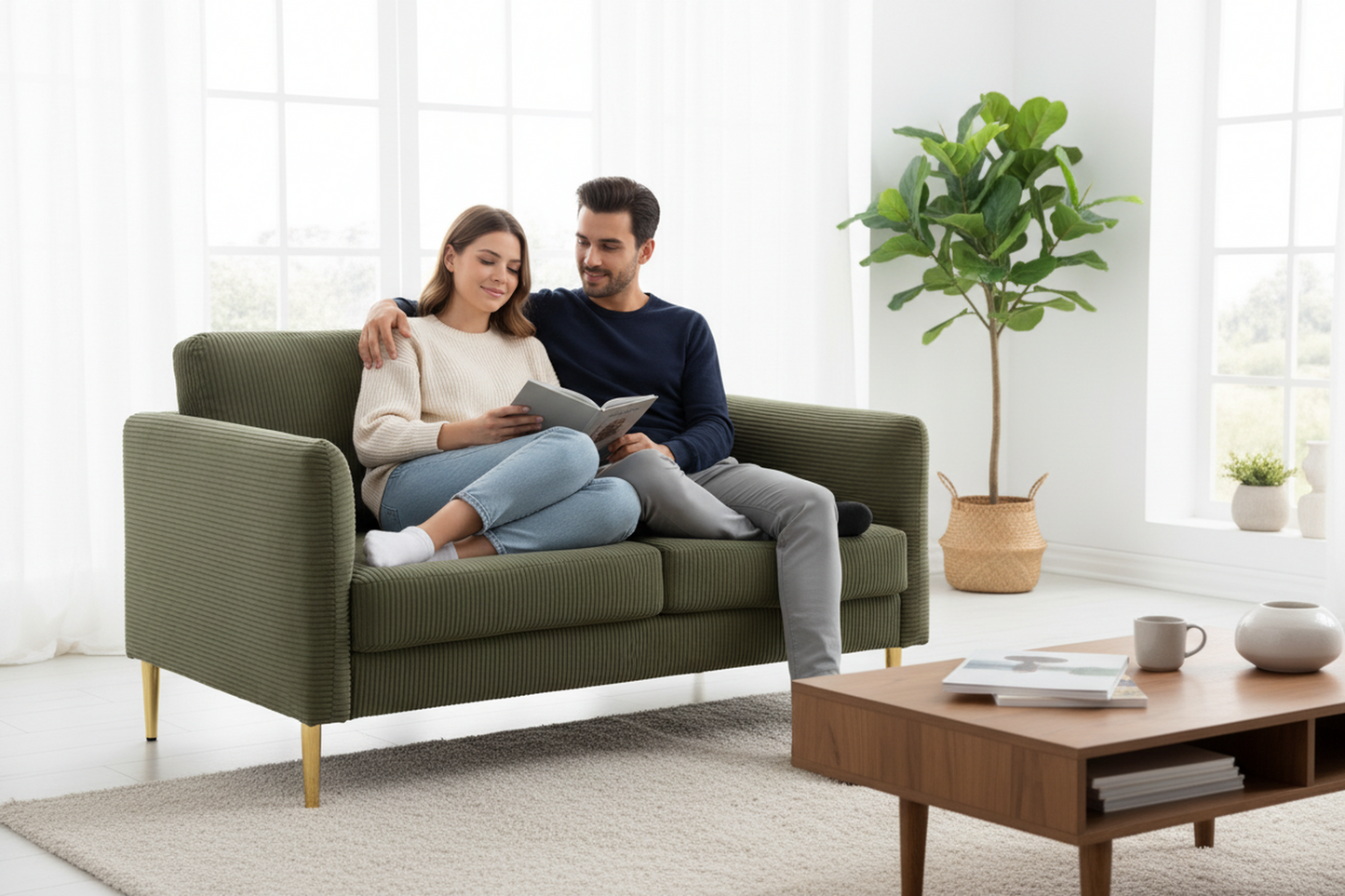 60.63 Wide Modern Corduroy Loveseat, Plush Upholstered Cushions,