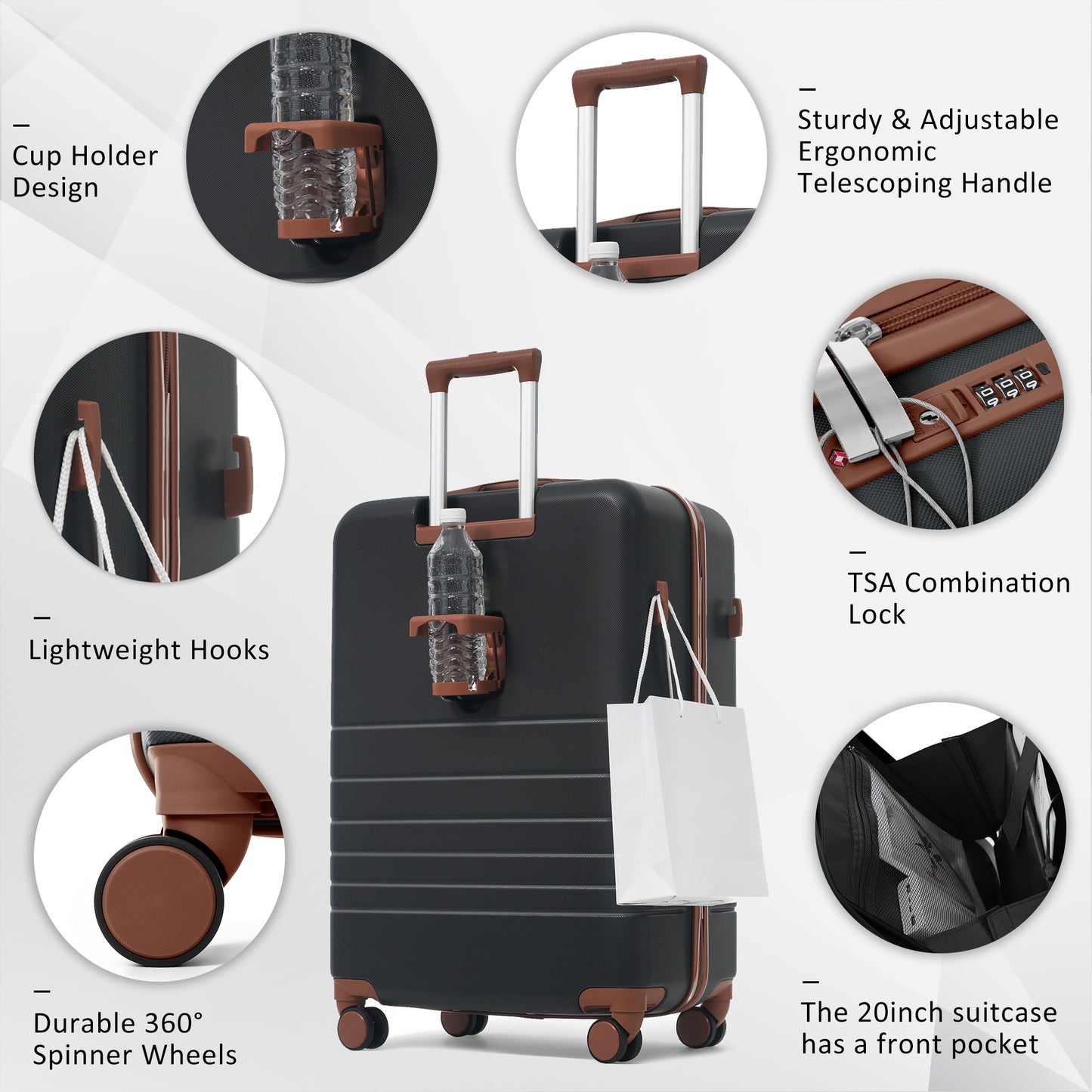 20-Inch Expandable Carry-On Luggage Set with USB Port & Cup Holder - Black+Brown