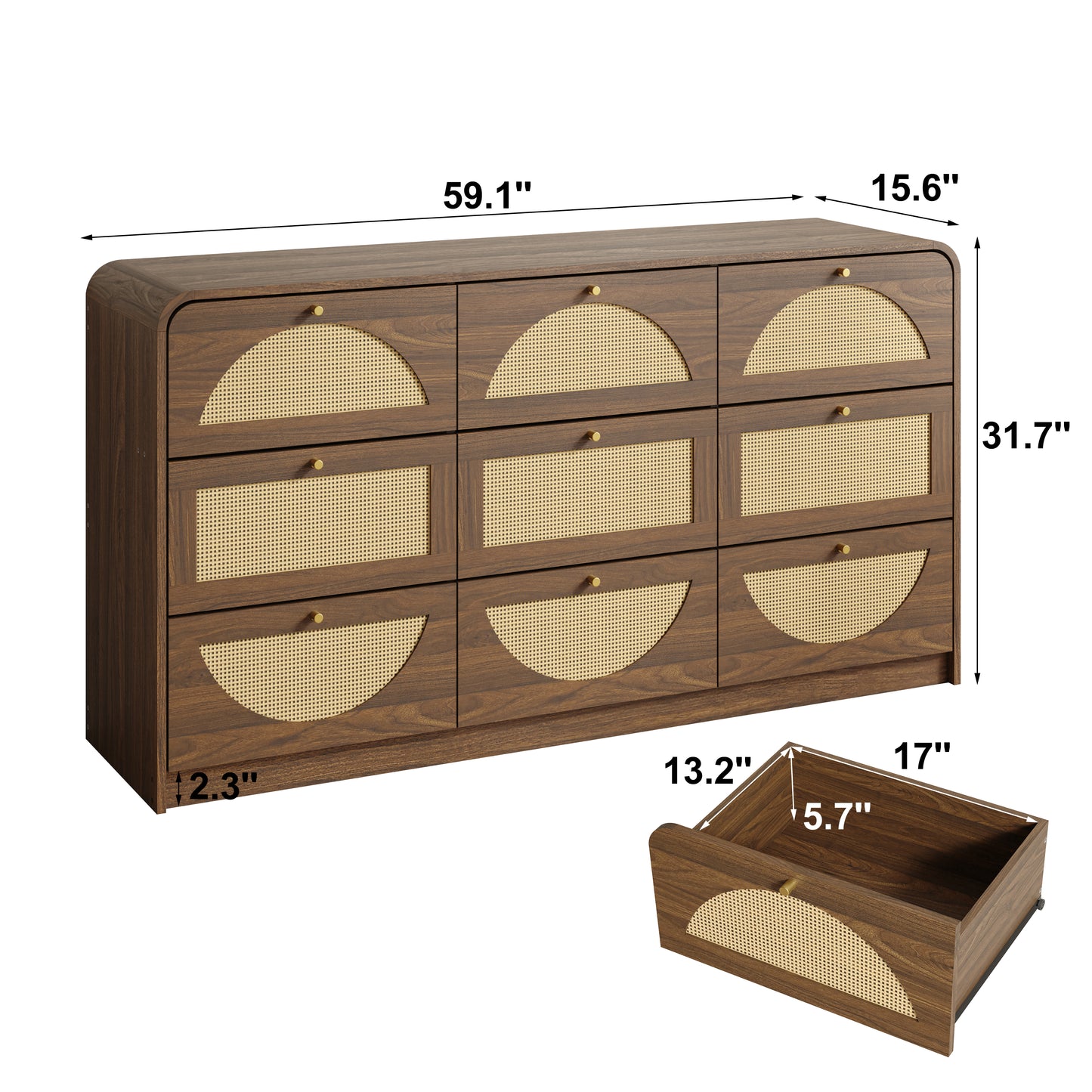 Modern 9-Drawer Dresser with Rattan Front - Walnut Finish