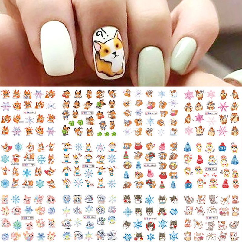 12pcs Cute Christmas Nail Stickers Cartoon Animal Design